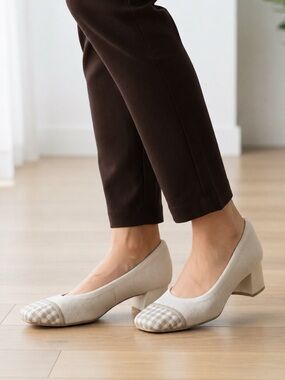 BURUDANI Dream Pairs apricot knit block heel pump pattern square toe shoe 6 tan